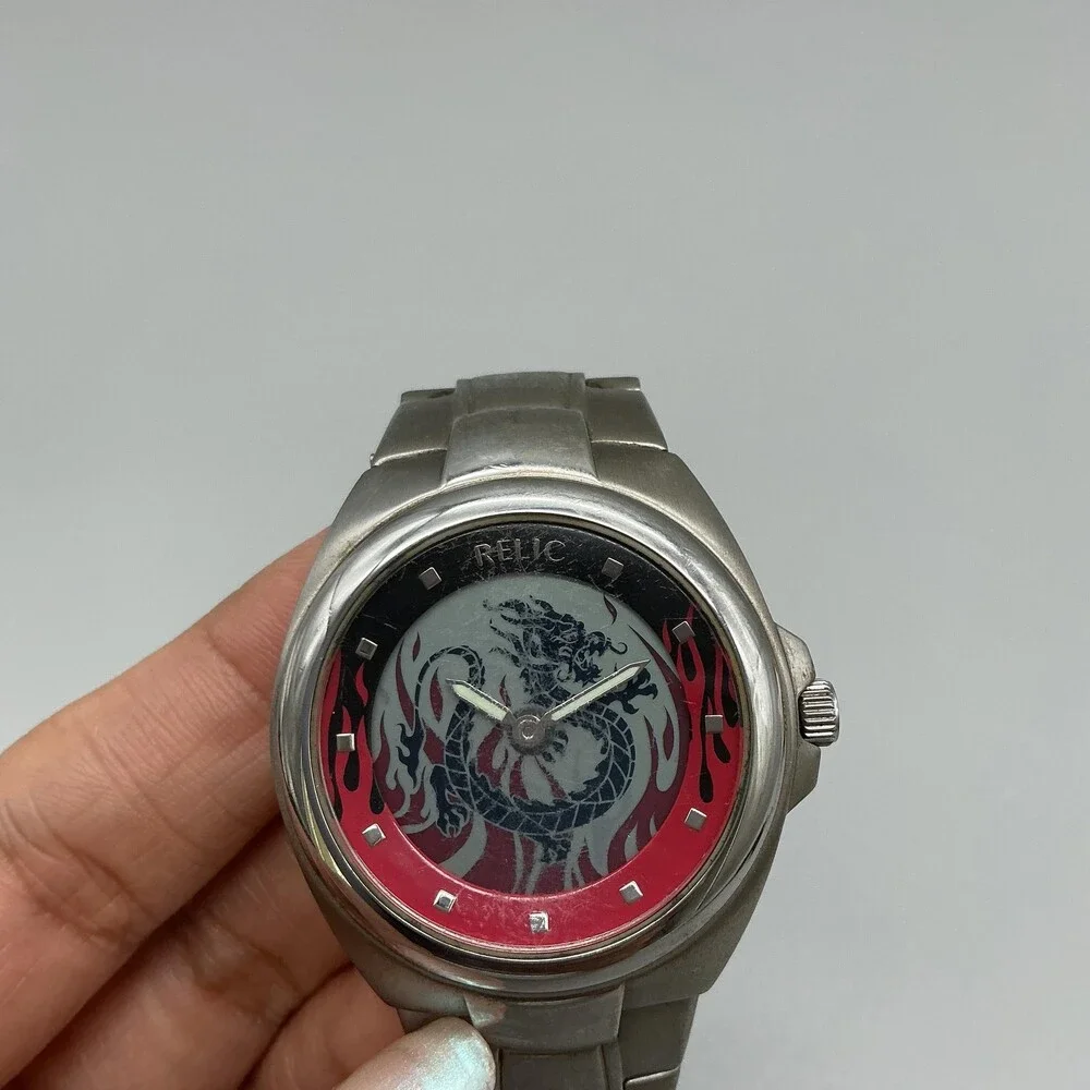Relic Big Tic Mens Watch 39mm Dragon Flame Animated Stainless New Battery 6